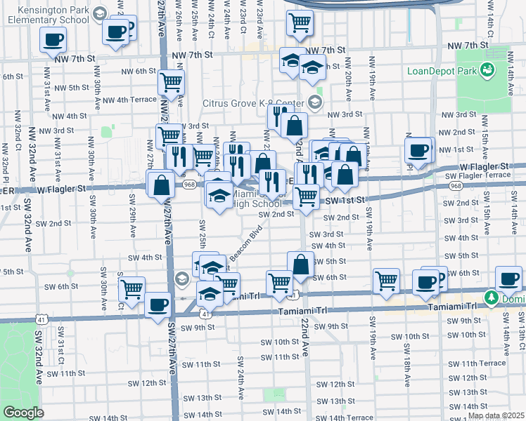 map of restaurants, bars, coffee shops, grocery stores, and more near 2326 Southwest 1st Street in Miami