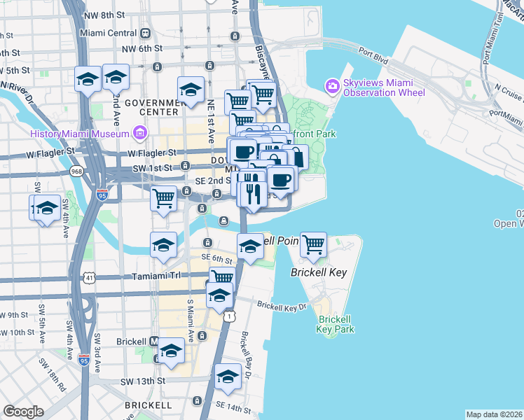 map of restaurants, bars, coffee shops, grocery stores, and more near South Biscayne Boulevard in Miami