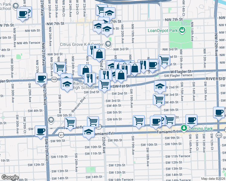 map of restaurants, bars, coffee shops, grocery stores, and more near 2093 Southwest 1st Street in Miami