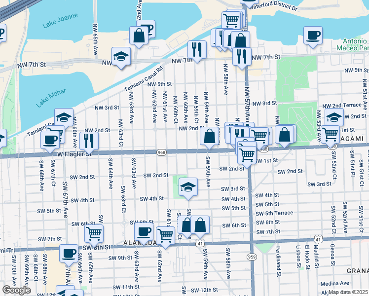 map of restaurants, bars, coffee shops, grocery stores, and more near 50 Northwest 60th Avenue in Miami