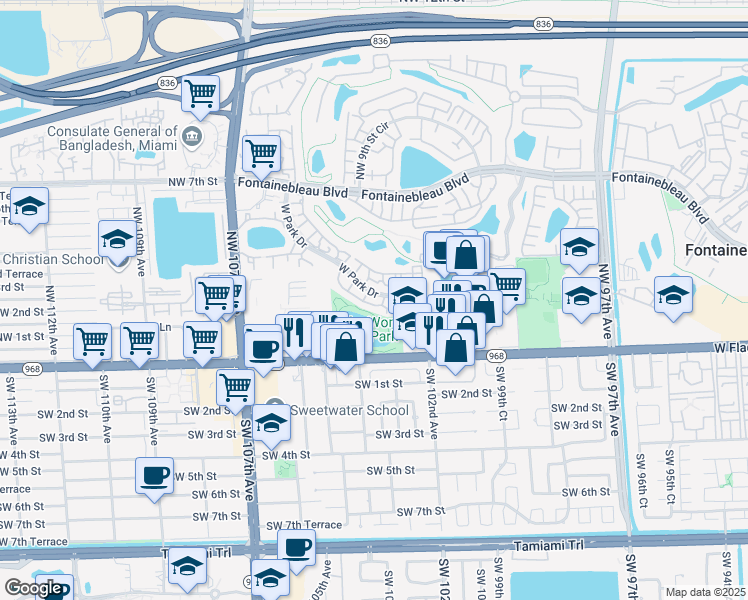 map of restaurants, bars, coffee shops, grocery stores, and more near 219 West Park Drive in Miami