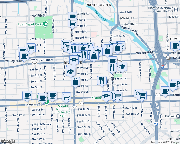 map of restaurants, bars, coffee shops, grocery stores, and more near 980 Southwest 2nd Street in Miami