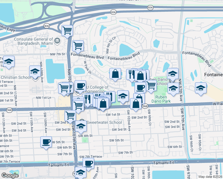 map of restaurants, bars, coffee shops, grocery stores, and more near 219 West Park Drive in Miami