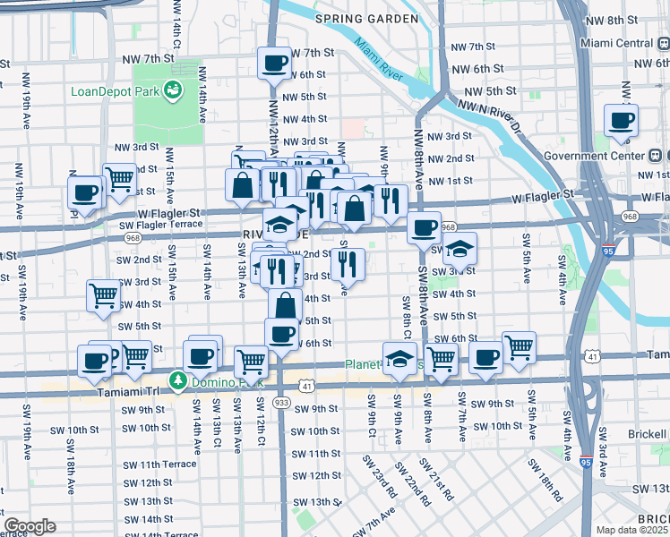 map of restaurants, bars, coffee shops, grocery stores, and more near 1054 Southwest 2nd Street in Miami