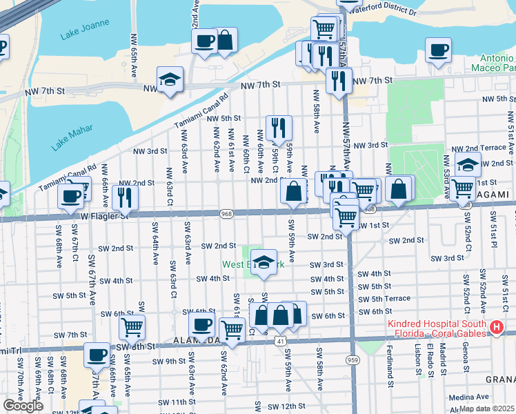 map of restaurants, bars, coffee shops, grocery stores, and more near 50 Northwest 60th Avenue in Miami