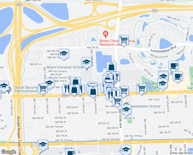 map of restaurants, bars, coffee shops, grocery stores, and more near 231 Northwest 109th Avenue in Miami