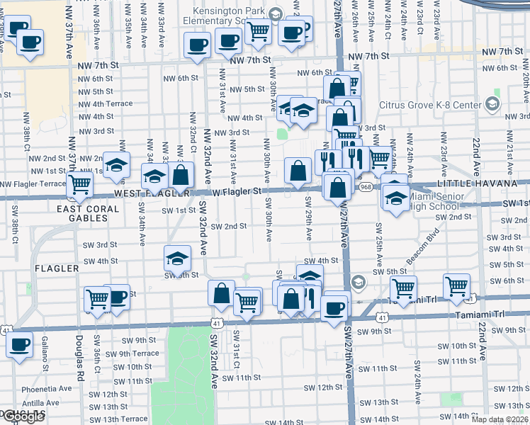 map of restaurants, bars, coffee shops, grocery stores, and more near 70 Southwest 30th Avenue in Miami