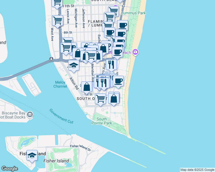 map of restaurants, bars, coffee shops, grocery stores, and more near 201 2nd Street in Miami Beach