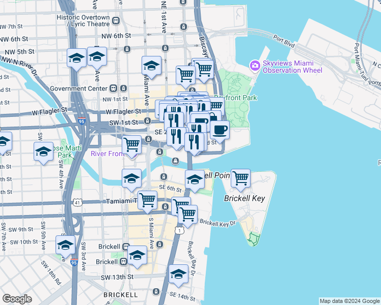 map of restaurants, bars, coffee shops, grocery stores, and more near 333 Southeast 2nd Avenue in Miami