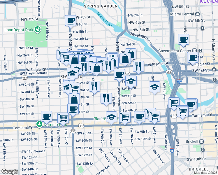 map of restaurants, bars, coffee shops, grocery stores, and more near 902 Southwest 2nd Street in Miami