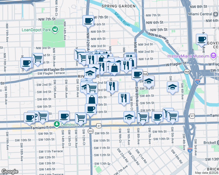 map of restaurants, bars, coffee shops, grocery stores, and more near 980 Southwest 2nd Street in Miami