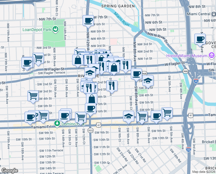 map of restaurants, bars, coffee shops, grocery stores, and more near 1054 Southwest 2nd Street in Miami