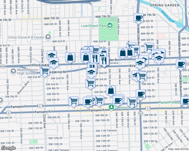 map of restaurants, bars, coffee shops, grocery stores, and more near 1609 Southwest 2nd Street in Miami