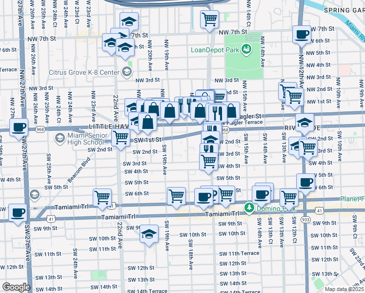 map of restaurants, bars, coffee shops, grocery stores, and more near 103 Southwest 18th Avenue in Miami