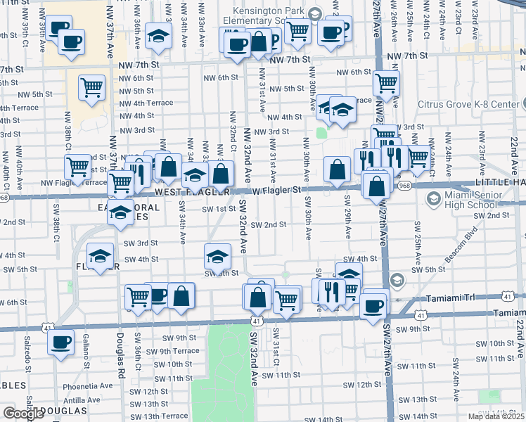 map of restaurants, bars, coffee shops, grocery stores, and more near 20 Southwest 31st Court in Miami