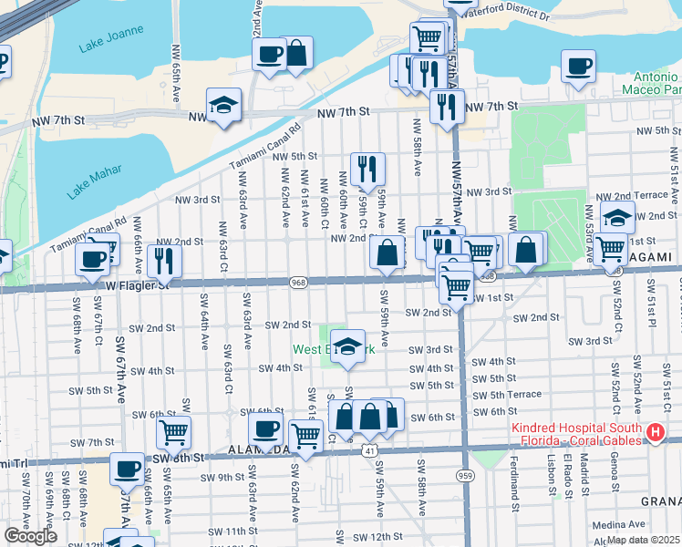 map of restaurants, bars, coffee shops, grocery stores, and more near 50 Northwest 60th Avenue in Miami