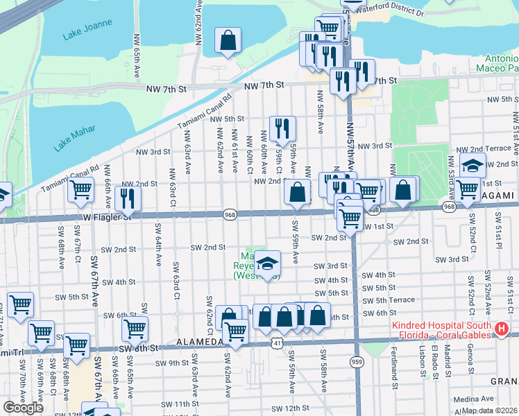 map of restaurants, bars, coffee shops, grocery stores, and more near 50 Northwest 60th Avenue in Miami