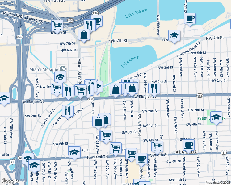 map of restaurants, bars, coffee shops, grocery stores, and more near 120 Northwest 68th Court in Miami