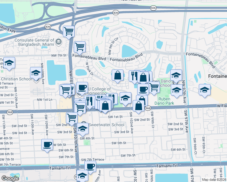 map of restaurants, bars, coffee shops, grocery stores, and more near 219 West Park Drive in Miami