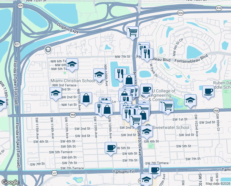 map of restaurants, bars, coffee shops, grocery stores, and more near 315 Northwest 109th Avenue in Miami