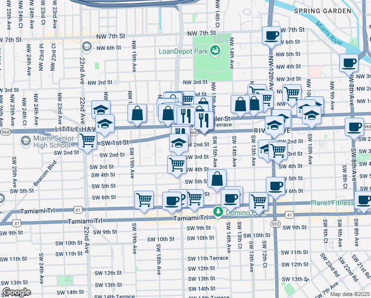 map of restaurants, bars, coffee shops, grocery stores, and more near 1609 Southwest 2nd Street in Miami
