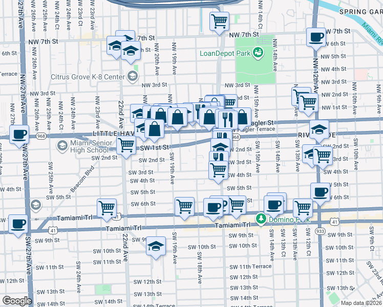 map of restaurants, bars, coffee shops, grocery stores, and more near 103 Southwest 18th Avenue in Miami