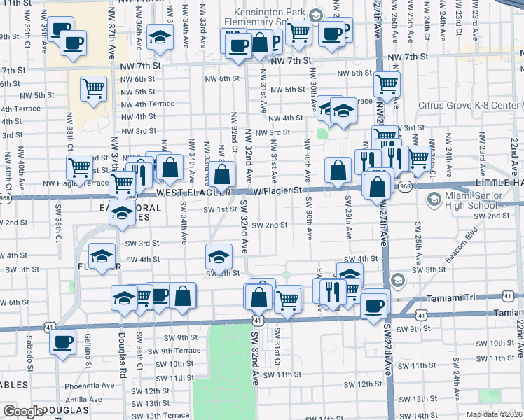 map of restaurants, bars, coffee shops, grocery stores, and more near 20 Southwest 31st Court in Miami