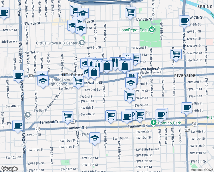 map of restaurants, bars, coffee shops, grocery stores, and more near 1852 Southwest 1st Street in Miami