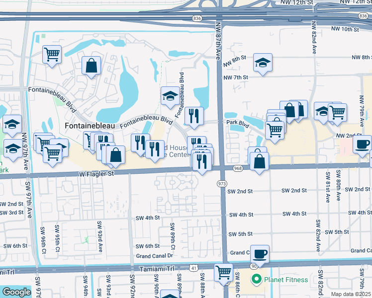map of restaurants, bars, coffee shops, grocery stores, and more near 2728 Fontainebleau Boulevard in Miami