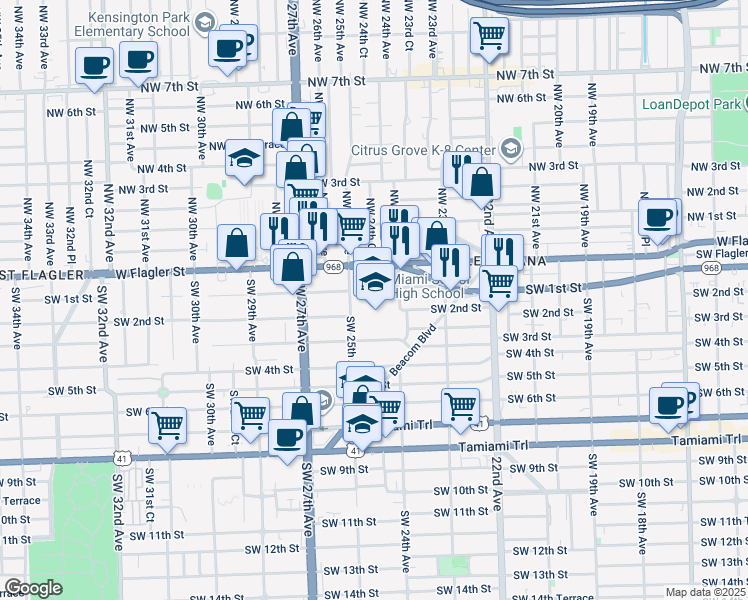 map of restaurants, bars, coffee shops, grocery stores, and more near 2450 Southwest 1st Street in Miami