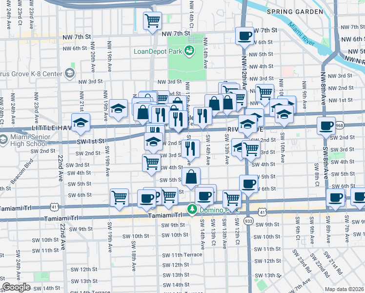 map of restaurants, bars, coffee shops, grocery stores, and more near 1521 Southwest 2nd Street in Miami