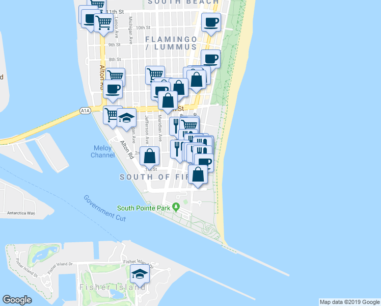 map of restaurants, bars, coffee shops, grocery stores, and more near 226 Ocean Court in Miami Beach