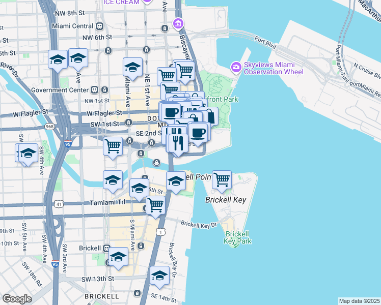 map of restaurants, bars, coffee shops, grocery stores, and more near 300 South Biscayne Boulevard in Miami