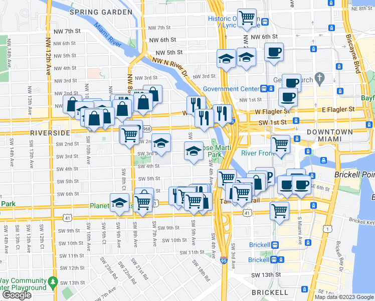 map of restaurants, bars, coffee shops, grocery stores, and more near 536 Southwest 2nd Street in Miami
