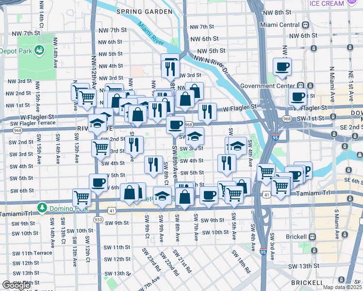 map of restaurants, bars, coffee shops, grocery stores, and more near 728 Southwest 2nd Street in Miami