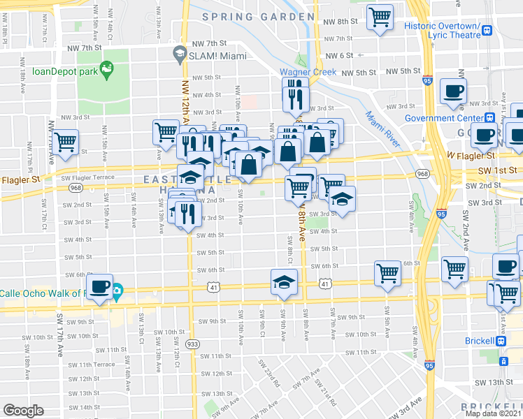 map of restaurants, bars, coffee shops, grocery stores, and more near 902 Southwest 2nd Street in Miami