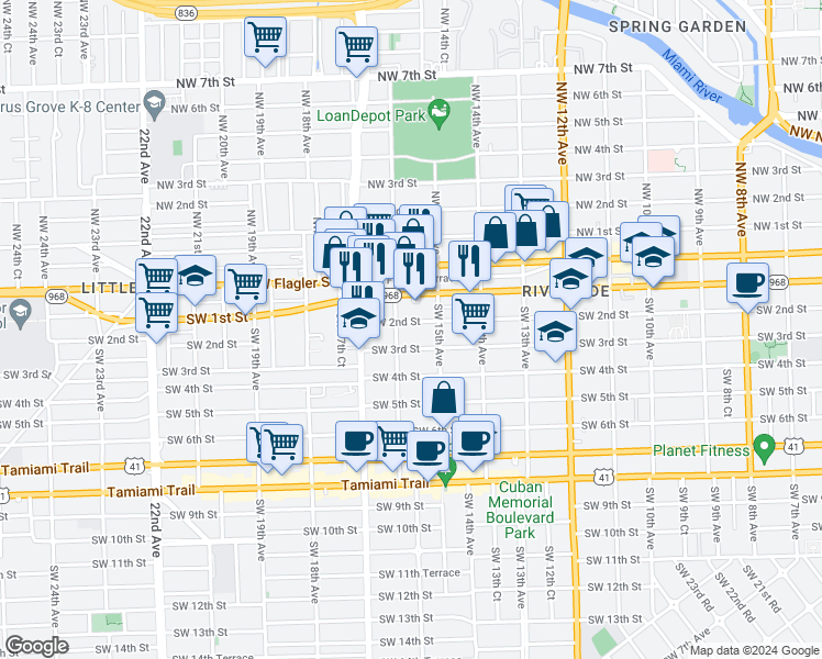 map of restaurants, bars, coffee shops, grocery stores, and more near 1521 Southwest 2nd Street in Miami