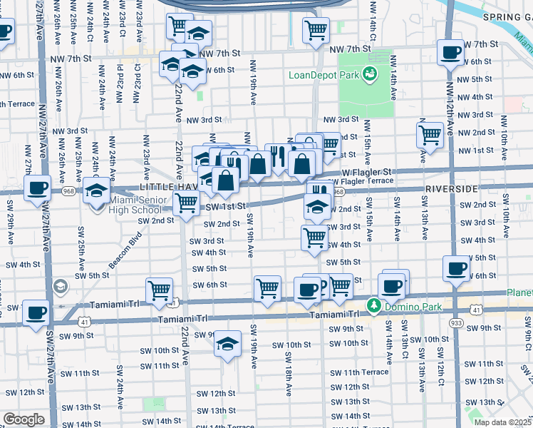 map of restaurants, bars, coffee shops, grocery stores, and more near 1852 Southwest 1st Street in Miami