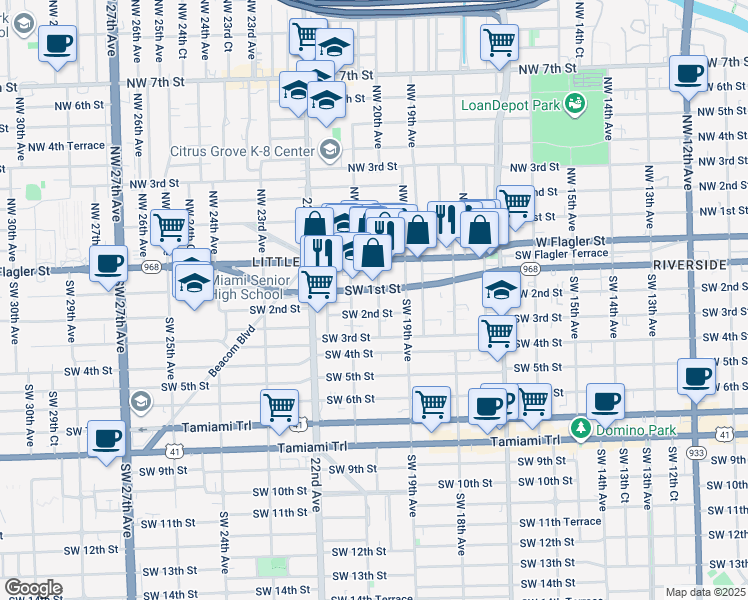 map of restaurants, bars, coffee shops, grocery stores, and more near 1990 Southwest 1st Street in Miami