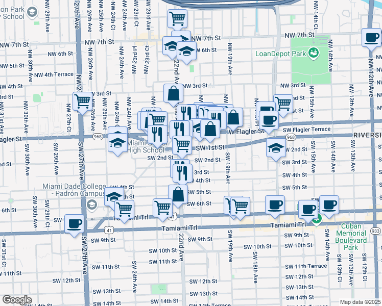 map of restaurants, bars, coffee shops, grocery stores, and more near 2140 West Flagler Street in Miami