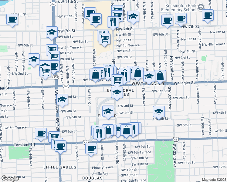 map of restaurants, bars, coffee shops, grocery stores, and more near in Miami