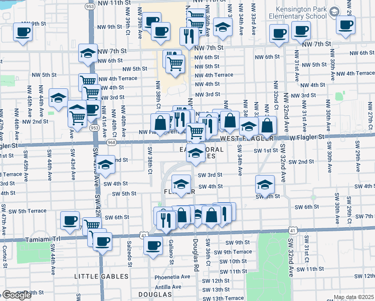 map of restaurants, bars, coffee shops, grocery stores, and more near in Miami