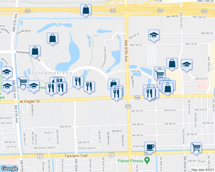 map of restaurants, bars, coffee shops, grocery stores, and more near 2728 Fontainebleau Boulevard in Miami