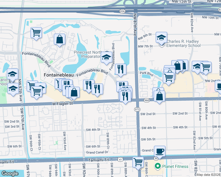 map of restaurants, bars, coffee shops, grocery stores, and more near 2728 Fontainebleau Boulevard in Miami