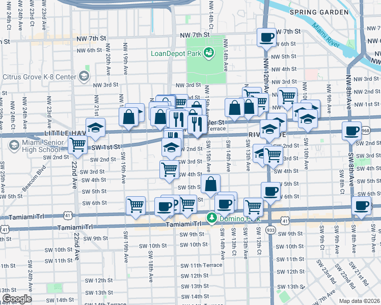 map of restaurants, bars, coffee shops, grocery stores, and more near 1609 Southwest 2nd Street in Miami