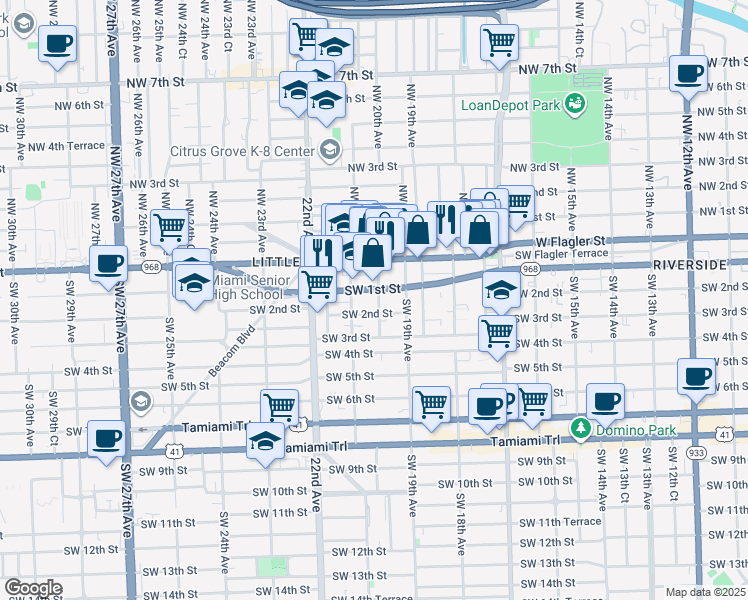 map of restaurants, bars, coffee shops, grocery stores, and more near 1990 Southwest 1st Street in Miami