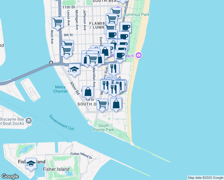 map of restaurants, bars, coffee shops, grocery stores, and more near 226 Ocean Court in Miami Beach
