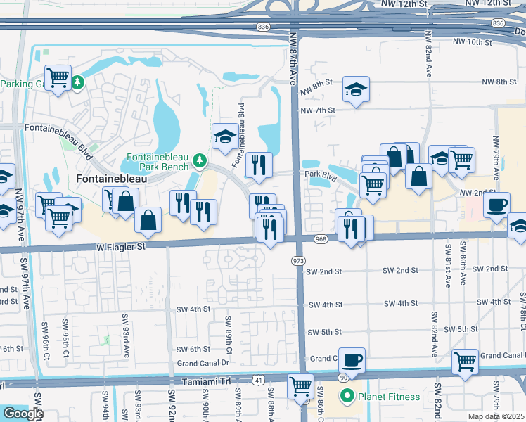 map of restaurants, bars, coffee shops, grocery stores, and more near 175 Fontainebleau Boulevard in Miami