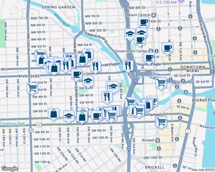 map of restaurants, bars, coffee shops, grocery stores, and more near 536 Southwest 2nd Street in Miami