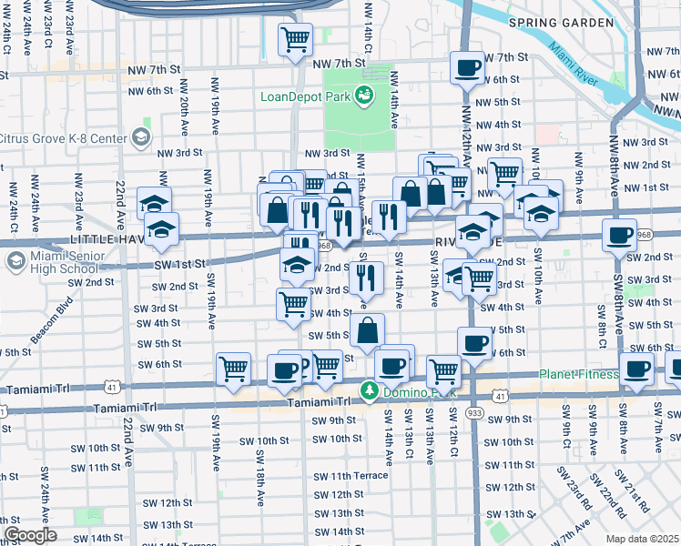 map of restaurants, bars, coffee shops, grocery stores, and more near 1521 Southwest 2nd Street in Miami